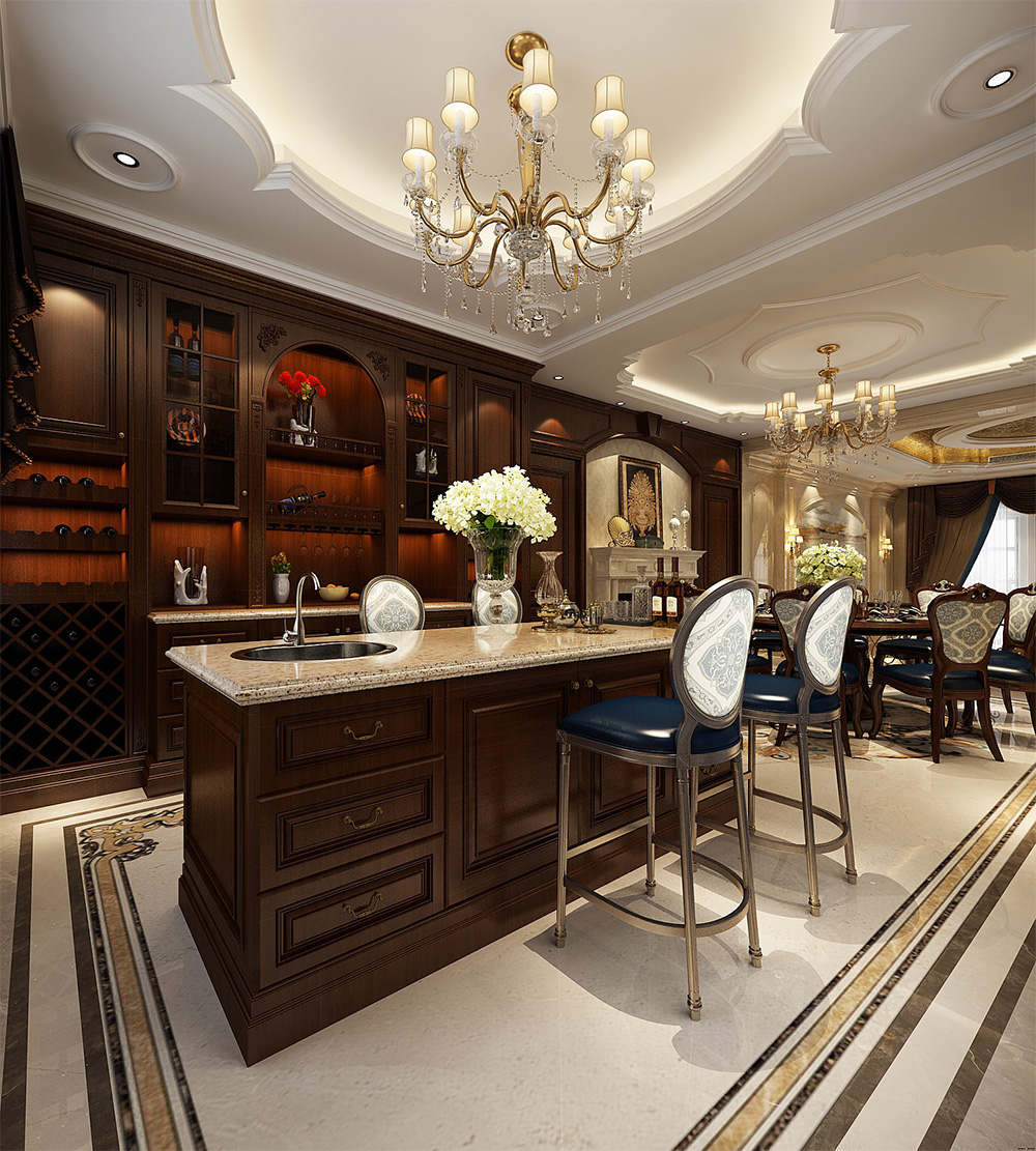 装修案例经典美式风格别墅装修效果图-餐厅吧台